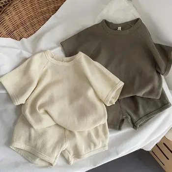 2026 Summer 1-6Y Childrens Set Waffle-patterned T-shirt and Shorts 2PCS Girls Set Scandi Style Boys Suit