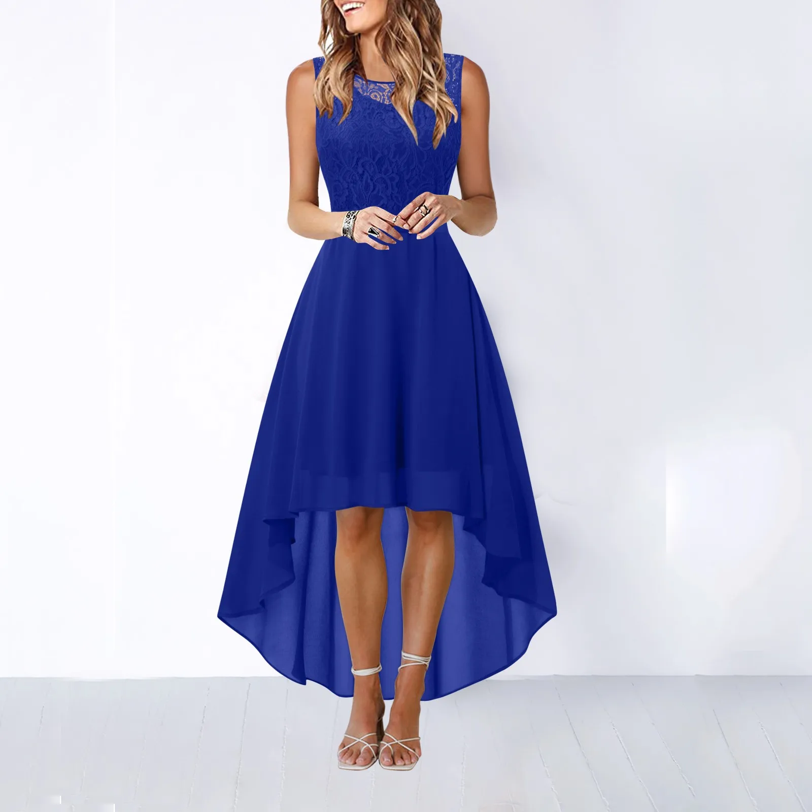 

Women'S Lace Dress Chic Bow Belt Elegant Irregular Length Dresses Lady Sleeveless Chiffon Bridesmaid Cocktail Party Vestido 2024