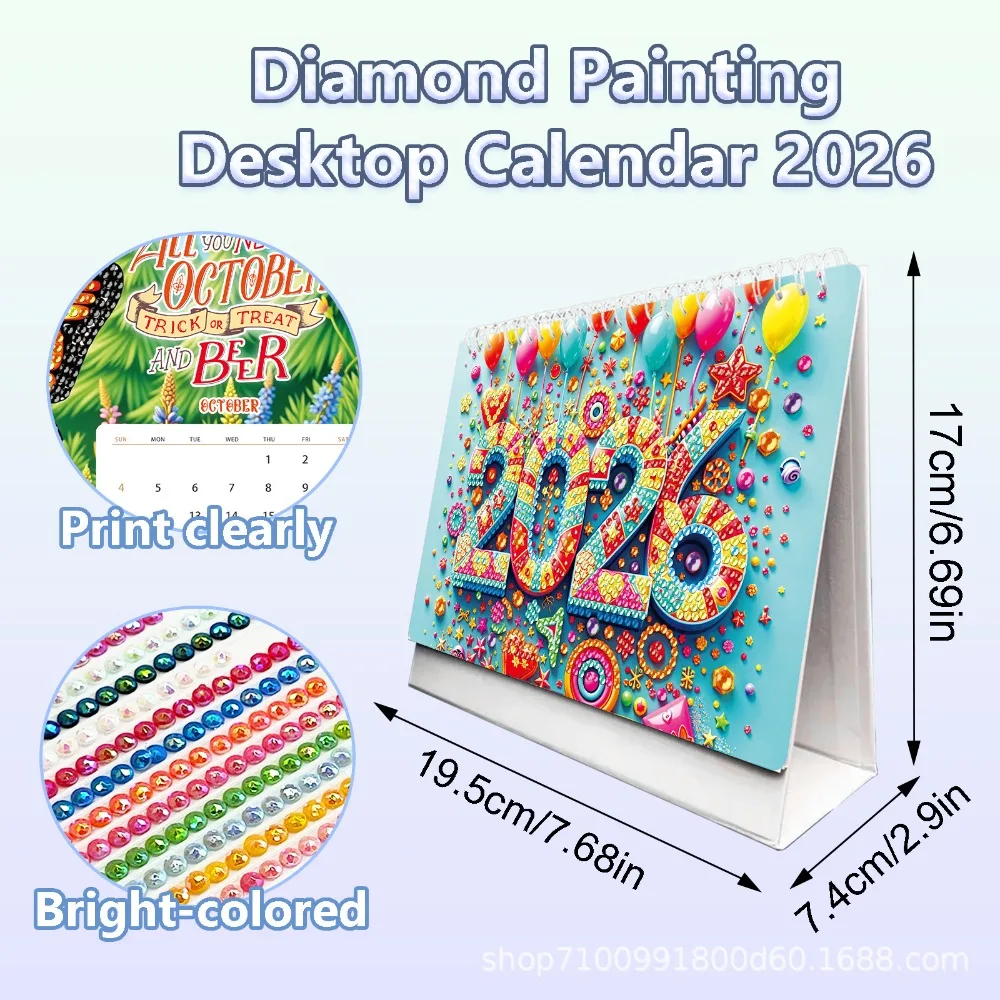 2026 다이아몬드 페인팅 데스크 캘린더 키트 DIY 다이아몬드 아트 캘린더 스탠딩 플립 월간 테이블탑 밝은 색상 비즈 새해 선물
