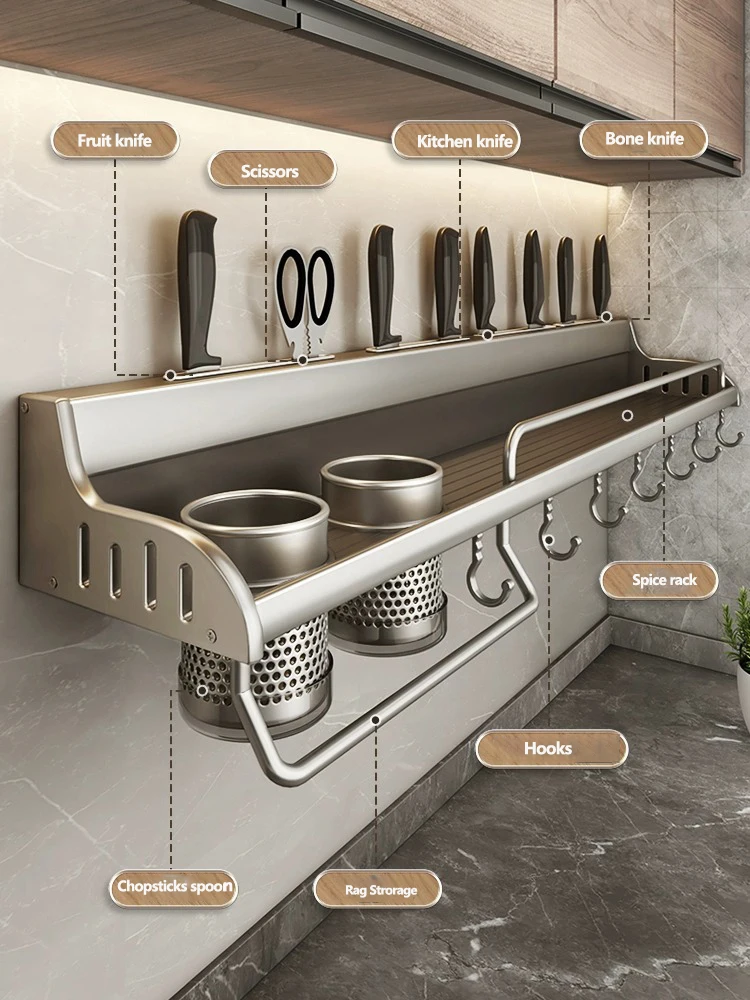 Kitchen Organizer Shelf Wall-mounted Spice Storage Rack Kitchen Knife Holder Wall Seasoning Chopstick Spoon Shovel Storage Shelf