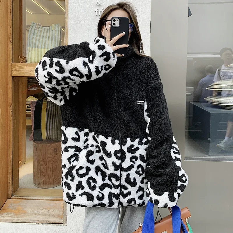 

Coat Woman Leopard Print Fleece Jackets Faux Lamb Coat Female Winter Patchwork Teddy Coat Black Winter Women Jacket