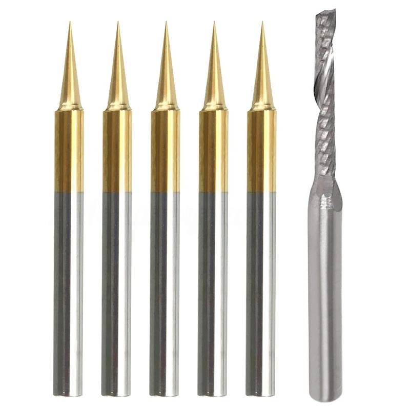 

ABHU 2Mmx15mm Carbide Single Flute Spiral End Mill With 5Pcs 15 Degree 0.1Mm Tungsten Steel PCB Engraving CNC Bit Router Tool