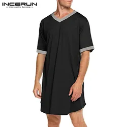 INCERUN 2024 Men Sleep Robes Short Sleeve V Neck Nightgown Patchwork Cozy Homewear Fashion Loose Mens Bathrobes Dressing Gown