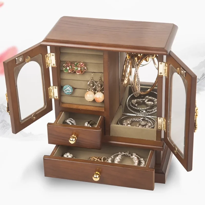 Wood Jewelry Box Drawer Ring Bracelet Earrings Jewelry Boxes Organizer Necklace Display Stand Portable Small Accessories Storage pu portable jewelry storage albums desktop drawer organizer display leather necklace bracelet ring book holder jewelry bag