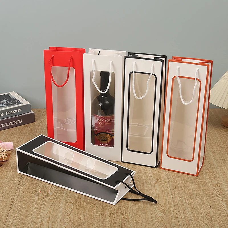 Single Bottle Kraft Paper Wine Gift Bag with Transparent PVC Window, Reusable Rectangul... - SKU KPWB2208 - UGI Packaging