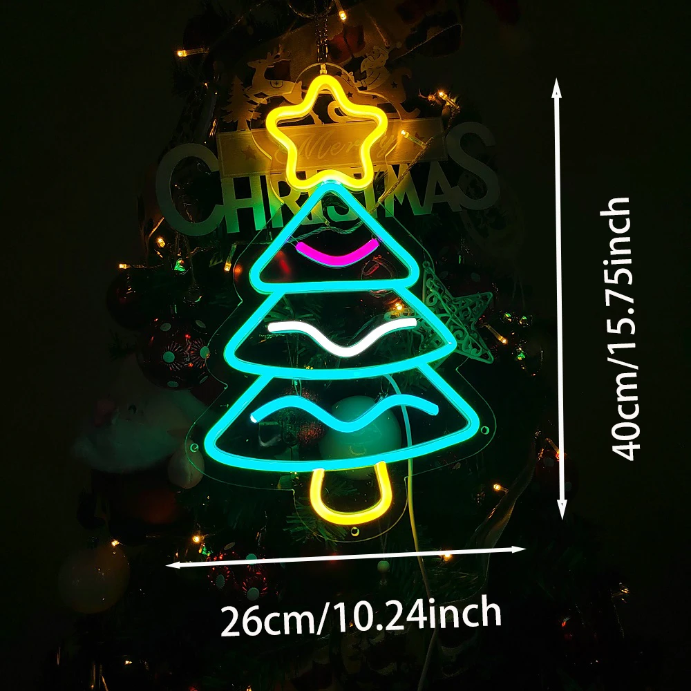 

Merry christmas neon ambiance decoration holiday event neon sign, santa claus christmas tree snowman modeling luminous lights