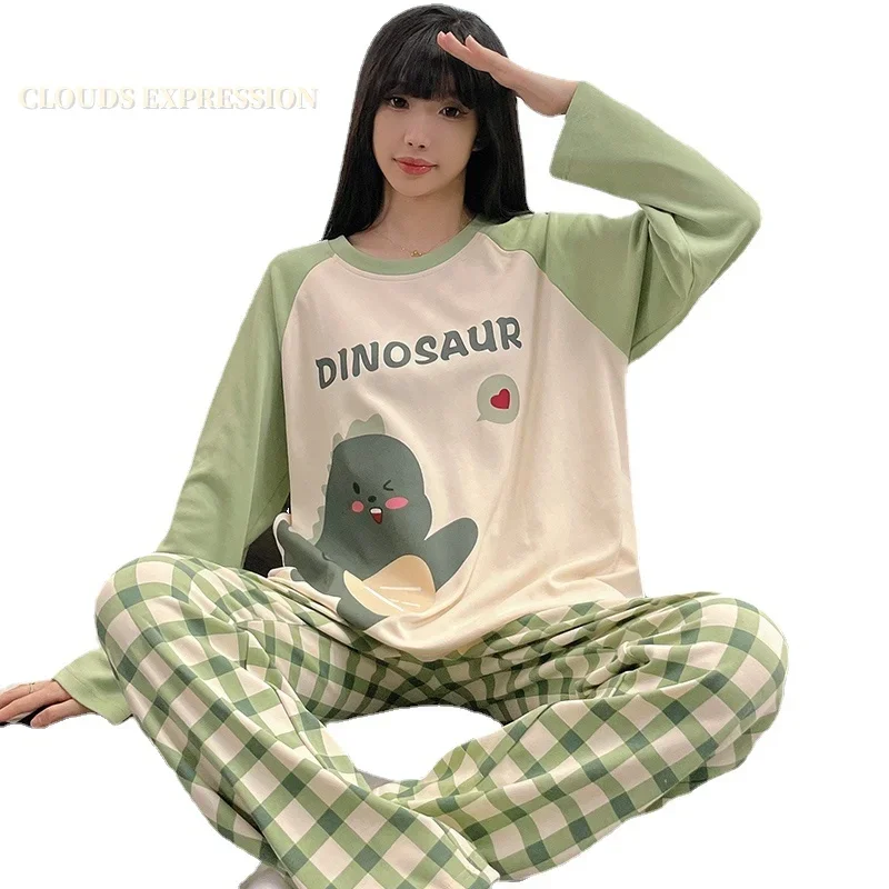 Spring Autumn Knttted Women's Pajamas Sets Teen Funny Pjs Cartoon Dinosaur Sleepwear Homewear Girls Pijamas Mujer Pyjama Fashion