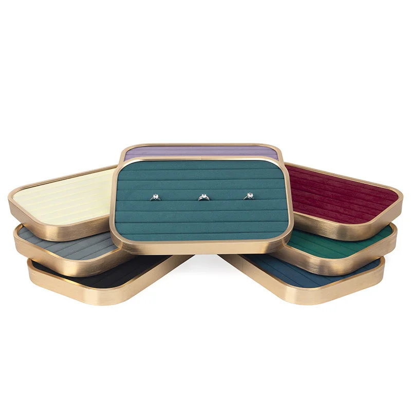 New Arrivals Hot Sale Metal Microfiber Gold Edge Jewelry Display Trays For Femal Ring Earring Pendent Jewelery Holder  Trays