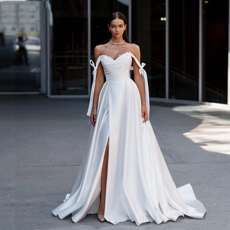 

Lace Wedding Dresses A Line Sleeveless Bridal Gowns Side Split Sweetheart Neck Wedding Customize To Measures Robe De Mariee
