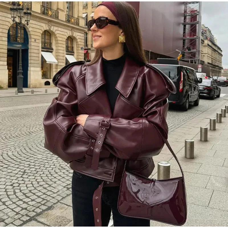Casual Leather Short Leather Jacket With Belt Lapel Long Sleeved Cropped Coat New Fashion Lady Street Party New Outwears _