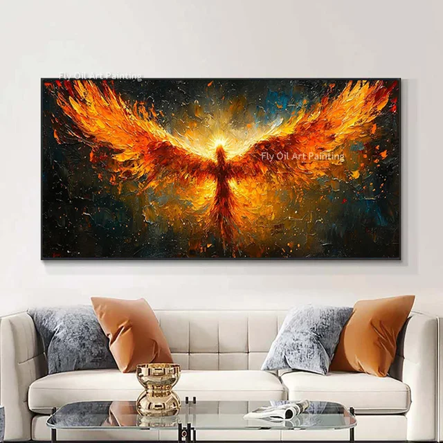 Large Handmade Black And Red Fire Phoenix Thick Oil Painting Modern Birds  Canvas Wall Art Decor For Living Room As Gifts 2