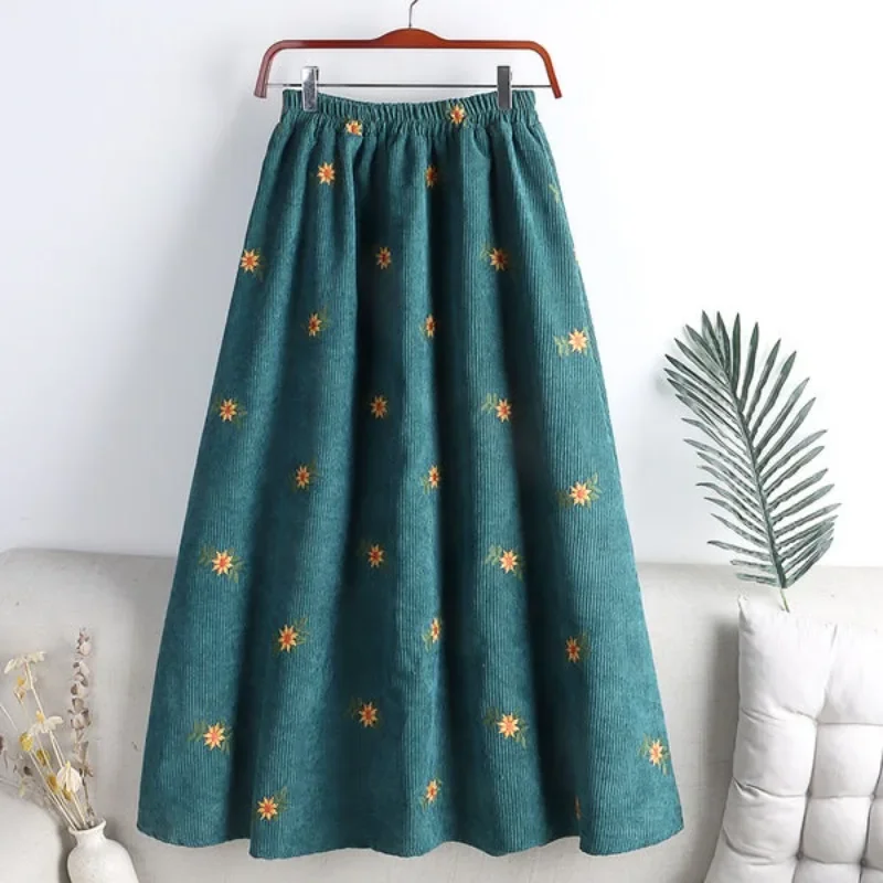 Corduroy Embroidery Women Skirts Autumn Winter New Arrival Floral Skirts Female High Waist Slimming Mid-calf Skirts for Women women summer casual jeans new arrival 2023 simple style all match loose comfortable thin female calf length denim pants