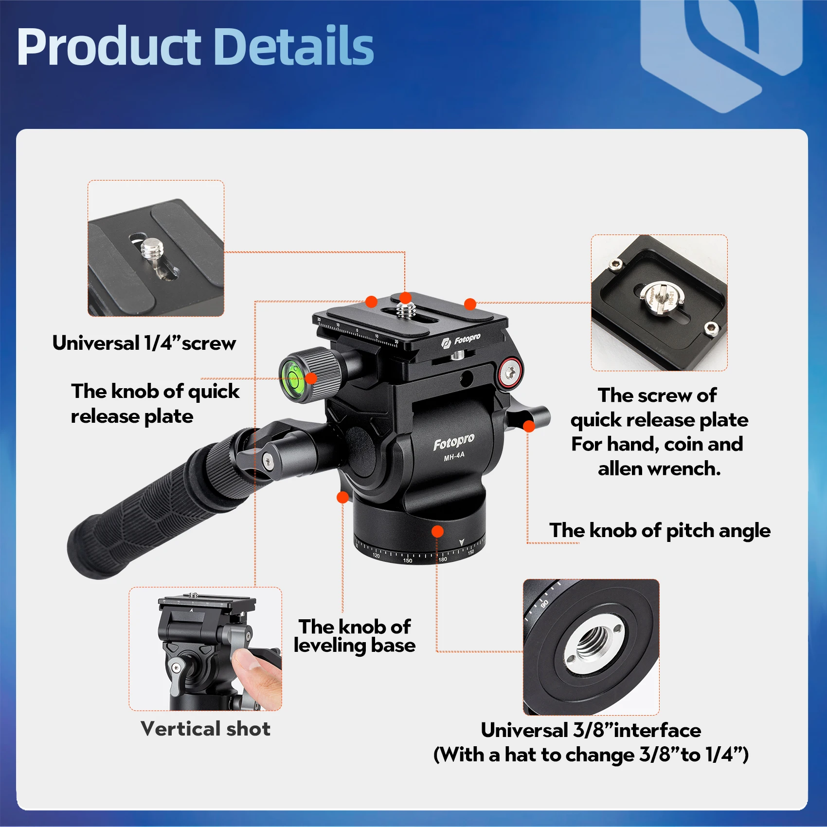 Fotopro Tripod Head Lightweight Panoramic Camera Video Head with Vertical Horizontal Shooting Quick Release Plate for DSLR Camer