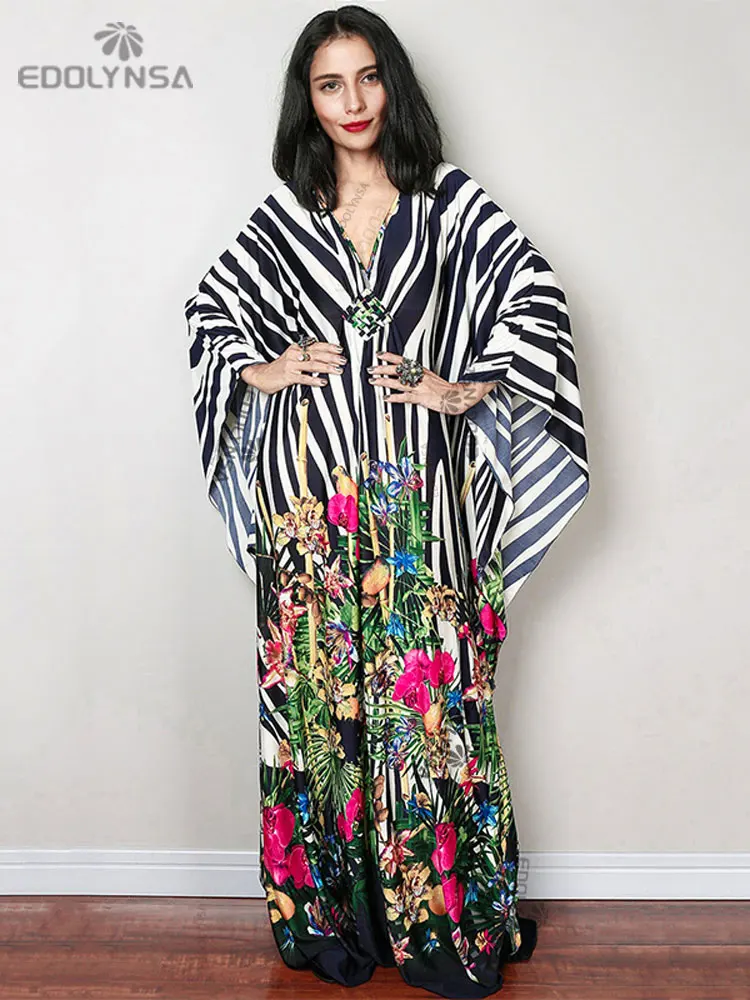 bikini cover 2022 Print Cover-ups Sexy Deep V-neck Summer Beach Dress Tunic Long Kaftan Women Beachwear Swimsuit Cover Up Robe de plage Q1289 cute bathing suit cover ups Cover-Ups