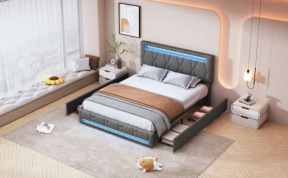 Rosahqnda gepolstertes Doppelbett, 140–160 x 200 cm, Bett mit Stauraum, 4 Schubladen und USB, hydraulisches Funktionsbett, Bettrahmen für Erwachsene, Leinen – Detail 2
