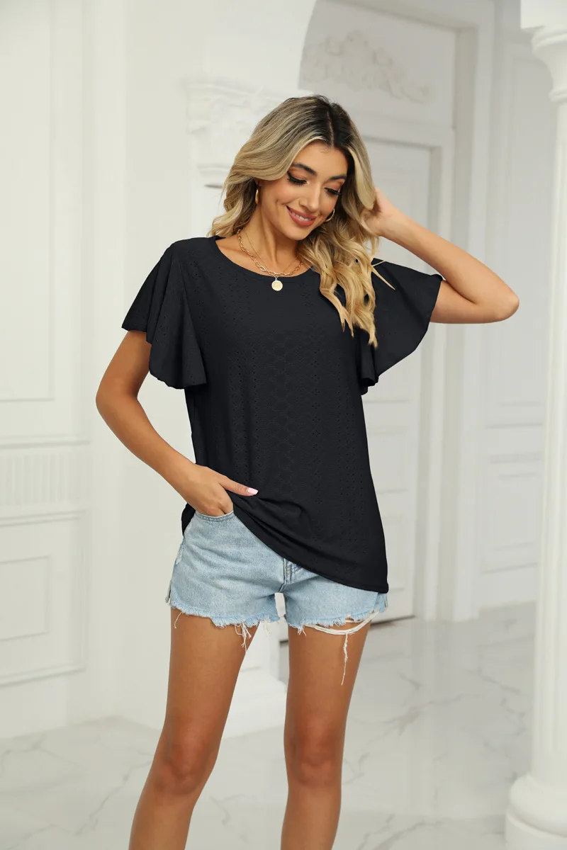 

2023 Summer Fashion European and American New Women's T-shirt Hollow Waist Ruffle Sleeve Casual Top