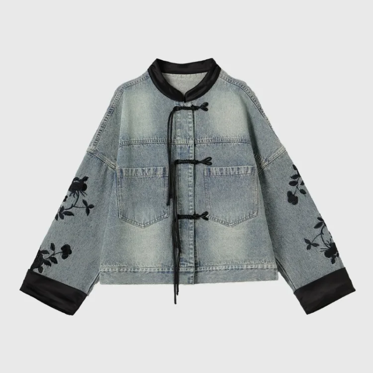 ジャケット・アウター Denim Embroidered Soutien-collar Coat New Identity Jean Jacket Womens Size S Embroidered Button Up