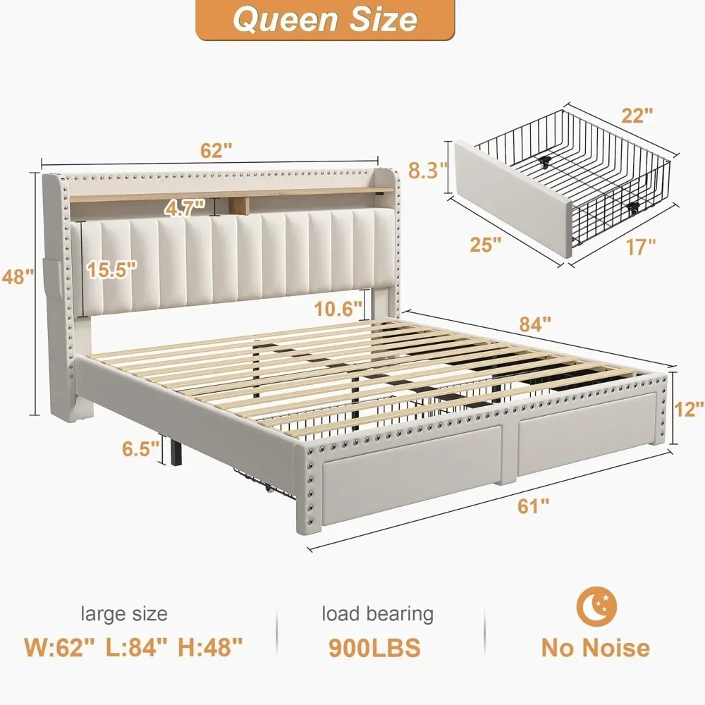 Queen Bed Frame with Headboard and Storage Upholstered Size 2 Drawers
