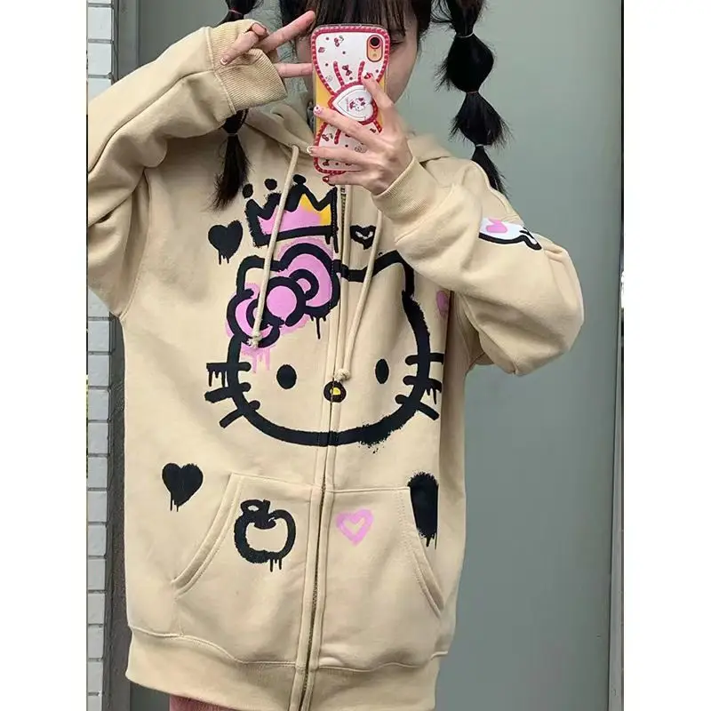 

Kawaii Sanrio Hello Kitty Cartoon Anime Hooded Sweater Women's Casual Loose Zipper Cardigan Cute Fashion Y2K Top Jacket