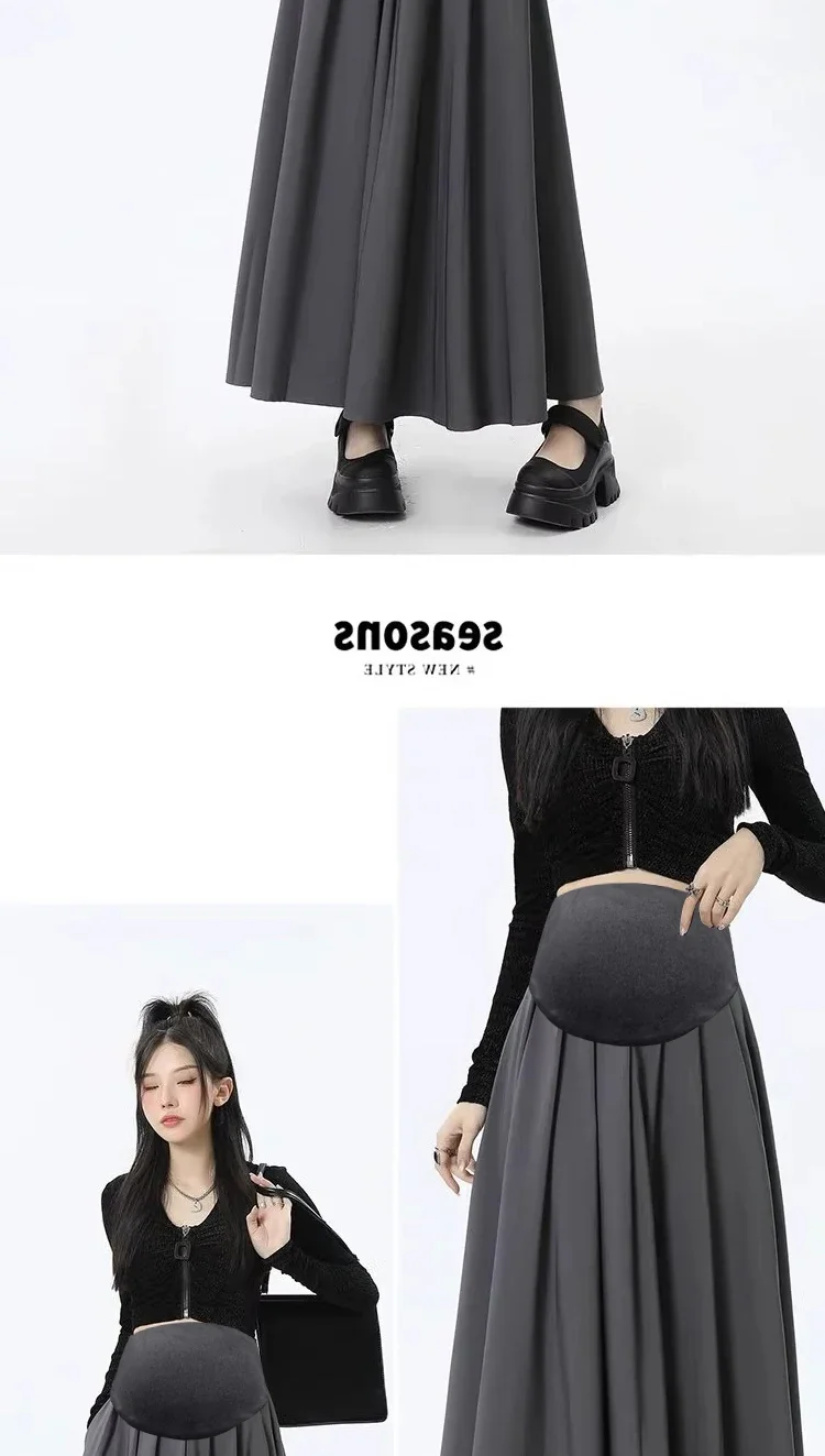 Hohe Qualität Frühjahr Neue Anzug Vorne und Hinten Plissee Schwangere frauen Langen Rock Taschen Bauch Stretching Mutterschaft Langen Rock – Detail 18
