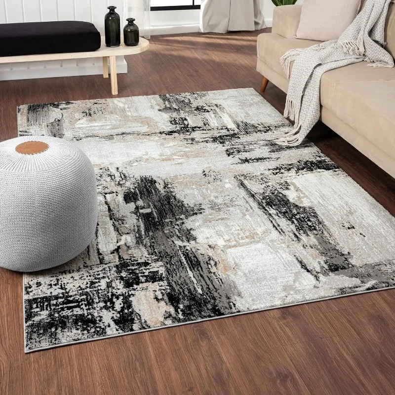 Distressed Abstract Blue Area Rug, Non-Shedding Carpet