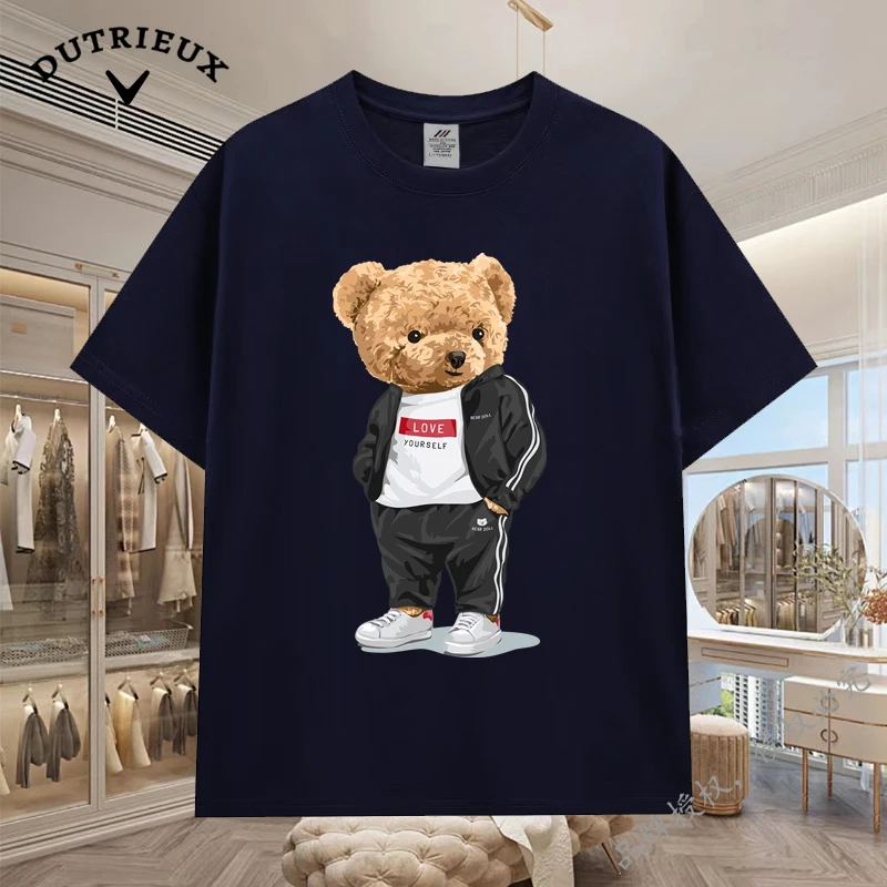 2024 New Luxury Bear Short Sleeved Men's and Women's Loose 230g Fabric weight Cotton Versatile Round Neck Breathable Inner Layup
