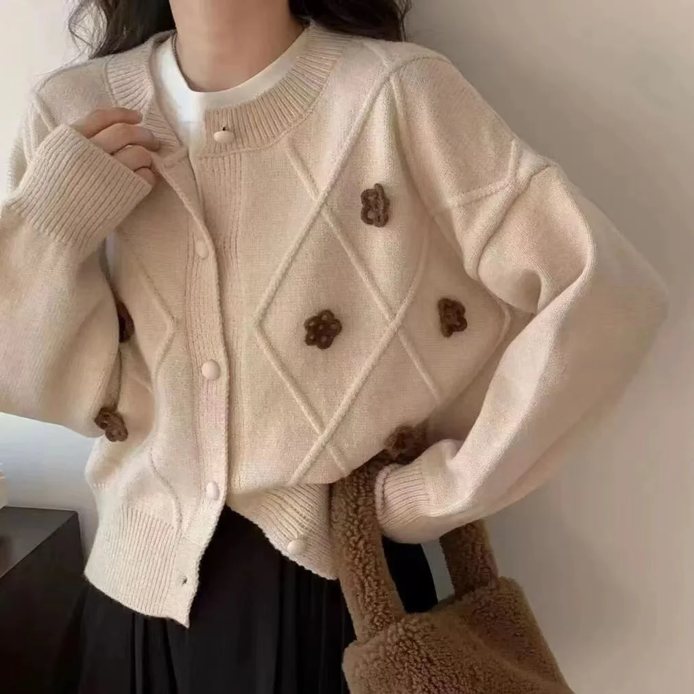 

Fashion 3D Flowers Cardigan Sweaters Women Long Sleeve O-Neck Solid Casual Basic Knitted Sweater Clothes Autumn Winter New 2023