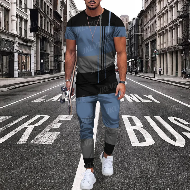 Men Tracksuit 3D Printed Casual Trend Oversized Clothes Summer Sportwear Suit Short Sleeve T Shirt Long Pants Men 2 Piece Sets