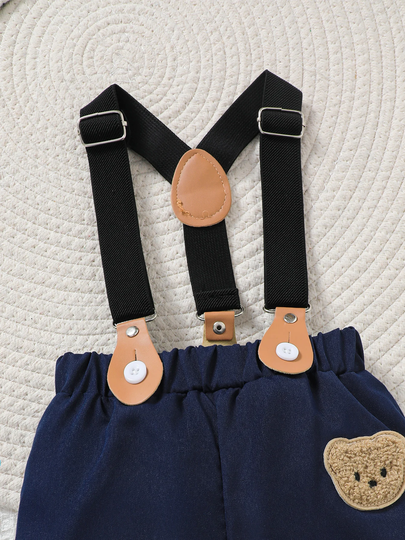 Baby Boy Spring Summer Outfit Set Cute Cartoon Letter Bear Print Striped Short Sleeve Onesie with Bear Decorated Overalls Shorts 5
