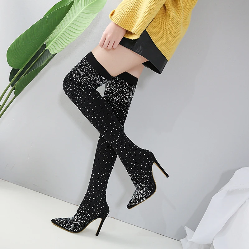 

Pointed Toe Long Boots Over Knee Women Shoes Crystal Botte Femme Fashion Fine Heels Zipper Zapatos Mujer