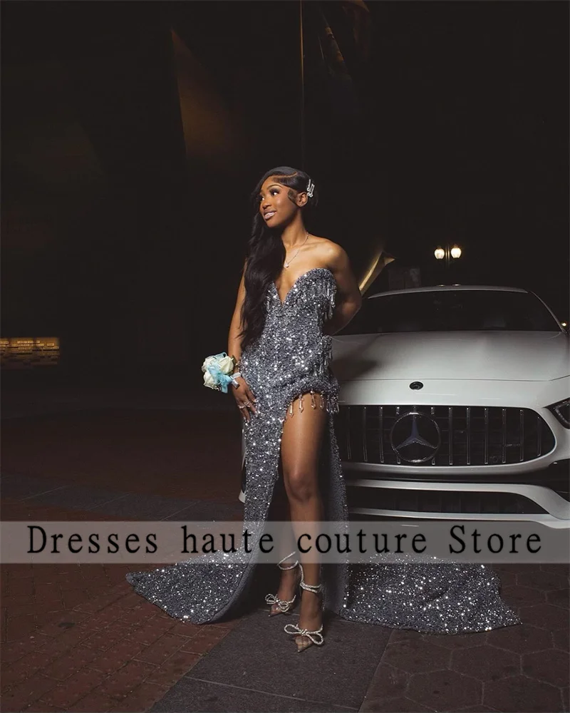 

Silver Sequins Prom Dresses 2024 For Black Girls Sexy Side Slit Tassles Birthday Party Gowns Sweetheart Mermaid Evening Dresses