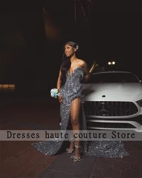 Silver Sequins Prom Dresses 2024 For Black Girls Sexy Side Slit Tassles Birthday Party Gowns Sweetheart Mermaid Evening Dresses