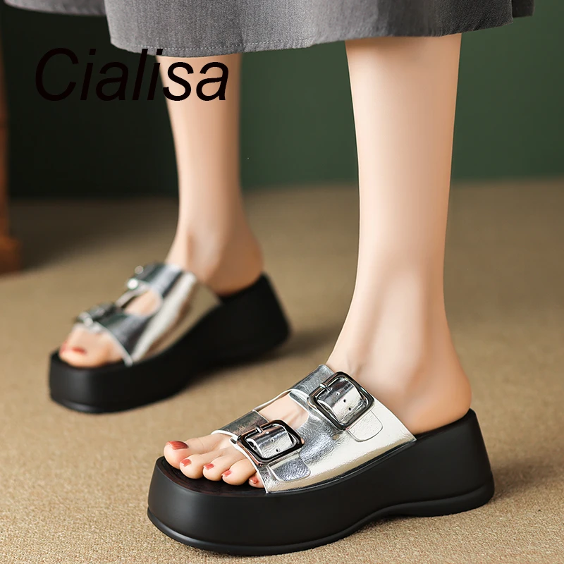 

Cialisa Thick Heels Slipper 2023 Summer Open-Toe Genuine Leather Fashion Platform Slippers Women Handmade Outside Ladies Shoes