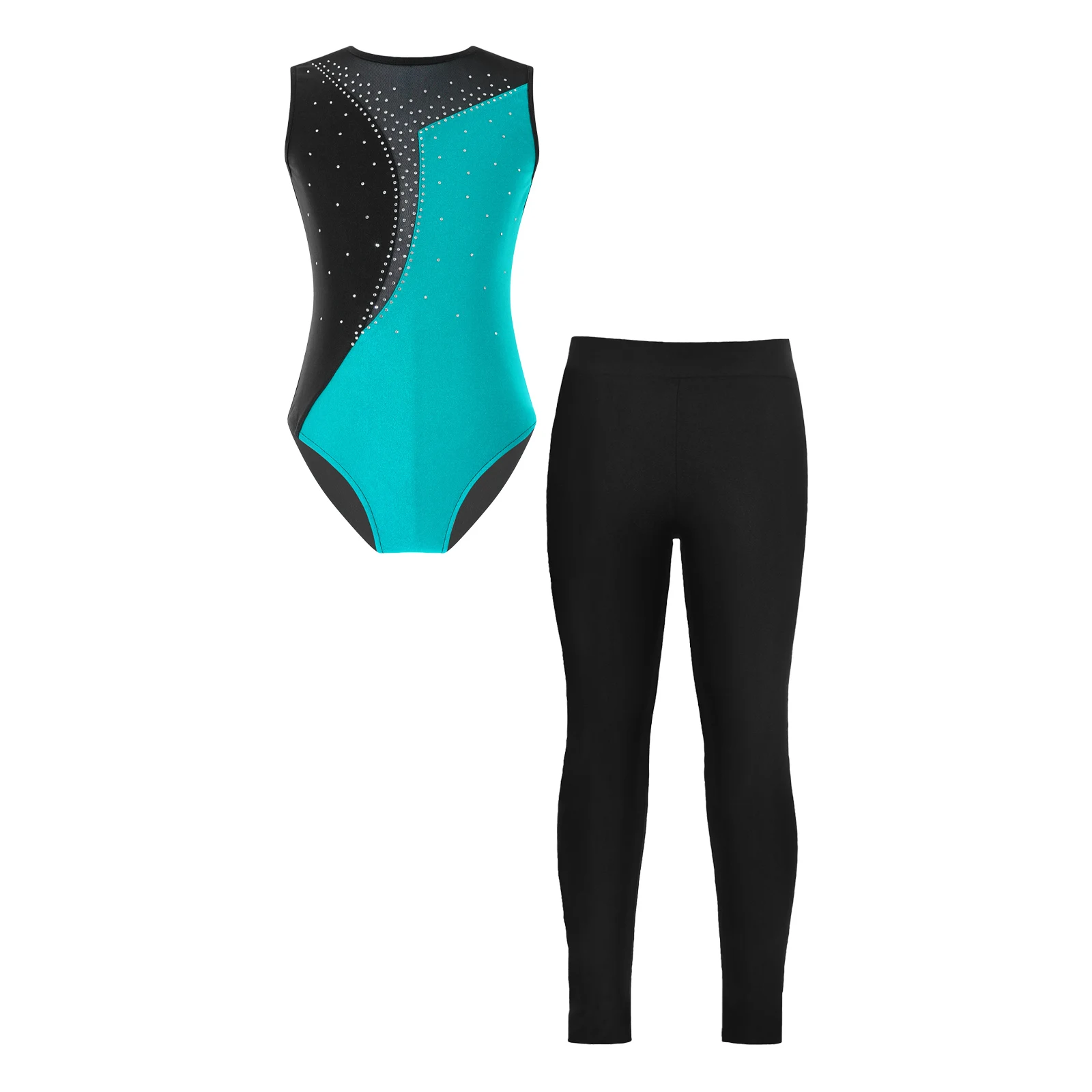 

Teen Girls Ballet Dance Gymnastics Leotard Shiny Rhinestone Mesh Bosysuit with Legging Dancewear for Skating Yoga Performance