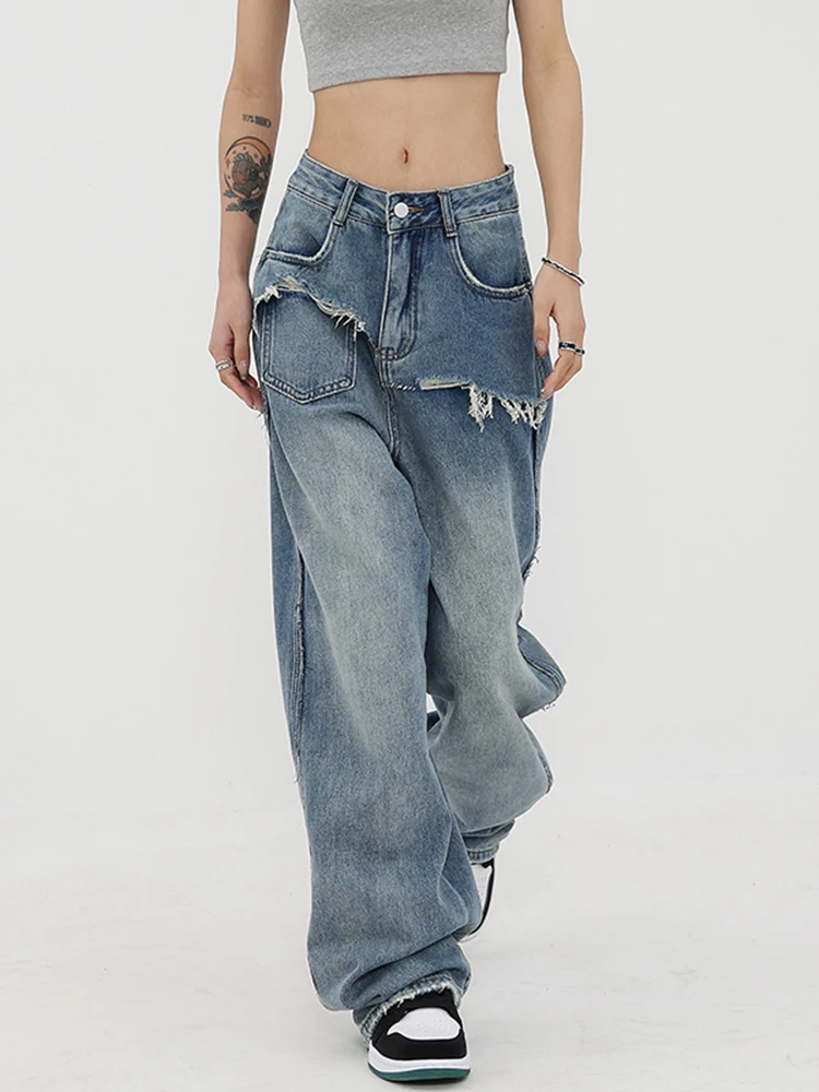 Designer Fake Two Piece Jeans Women Vintage Ripped High Waist Wide Leg Loose Casual Blue Denim Pants Girls Streetwear Trousers