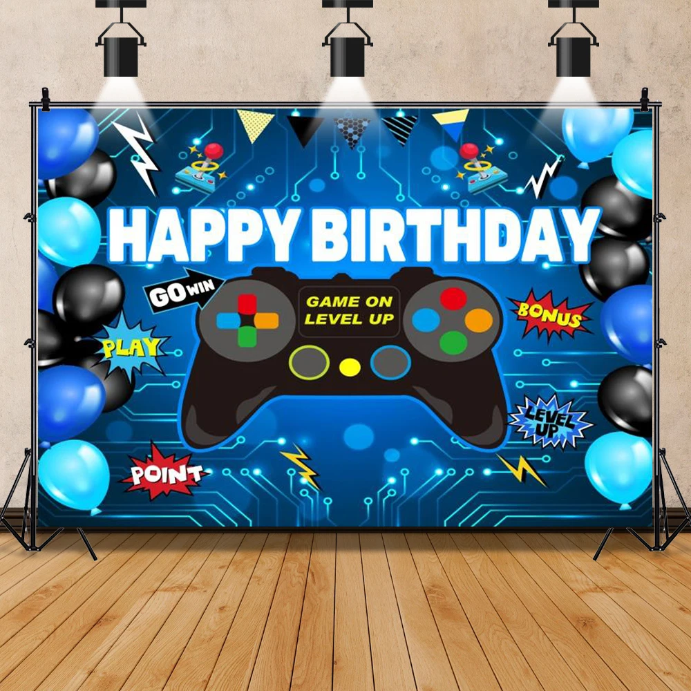 Laeacco Child Baby Play Games Gamepad Happy Birthday Party Balloons Comic Poster Portrait Photo Background Photography Backdrop