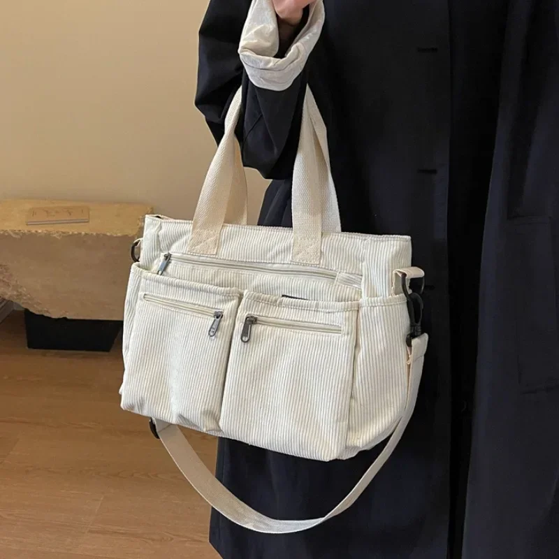 Borse a tracolla casual in velluto a coste Borsa a tracolla portatile per mummia per pendolari di grande capacità Borse da campeggio multistrato - immagine 2