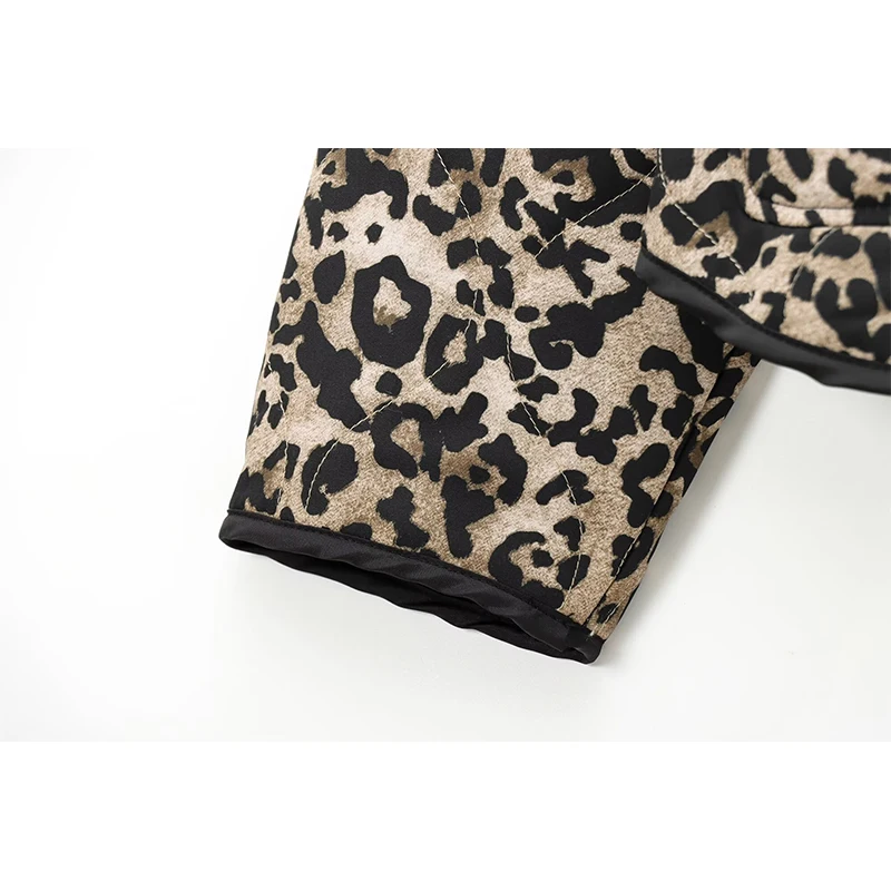 TRAF Winter Coat Female Leopard Print Quilted Jacket Woman Vintage Long Sleeve Short Coats Autumn Parkas Outerwear