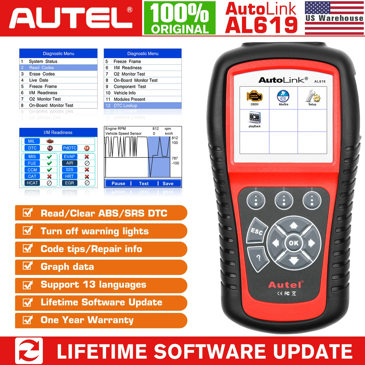 Autel-AL519 AL619 OBD2 스캐너 진단 도구, 자동차 진단 스캐너 코드 리더, ABS,SRS 자동차 스캐너 스캔 도구