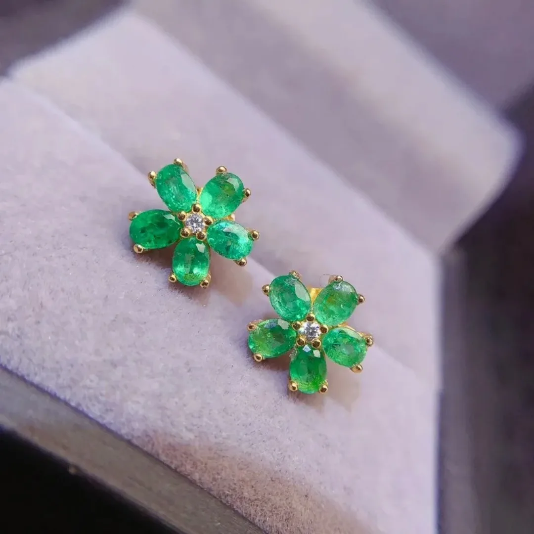 Natural Emerald Flower Design Earrings - Wearing Example