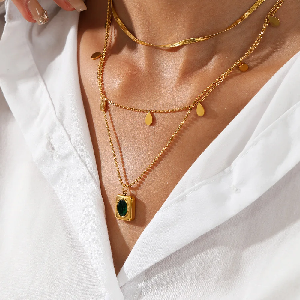 

Multilayer Chain Pendant New Stainless Steel Geometry Green Stone Choker Necklace For Women Wedding Accessories Dropshipping