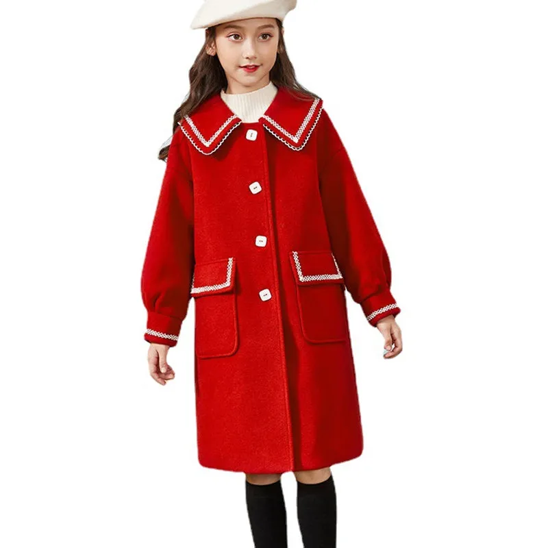 Girls Wool Coat Jacket Outerwear 2023 Cute Warm Thicken Plus Velvet Winter Autumn Cotton School Teenagers Children's Clothing