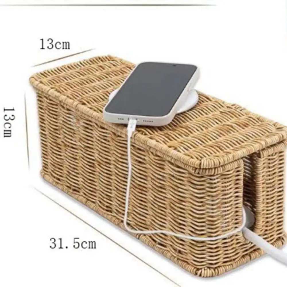 New 2 Open Slots Cable Management Box with Lid Handwoven Cord Organizer Hider Box Imitation Rattan Box Desk Storage Box