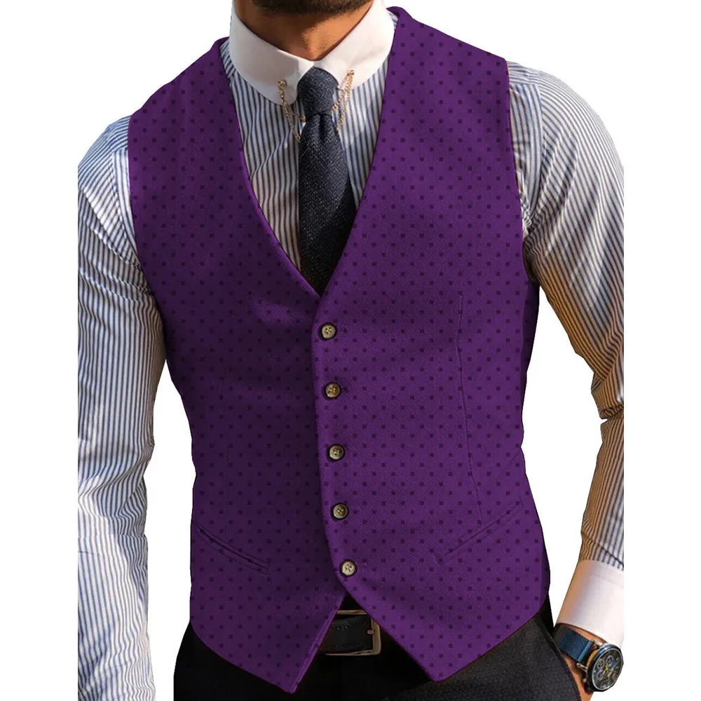 

V Neck Style Square Dots Mens Waistcoat Hunting Vests Single Breasted Waisttcoat Vintag Travel Business Groom For Wedding