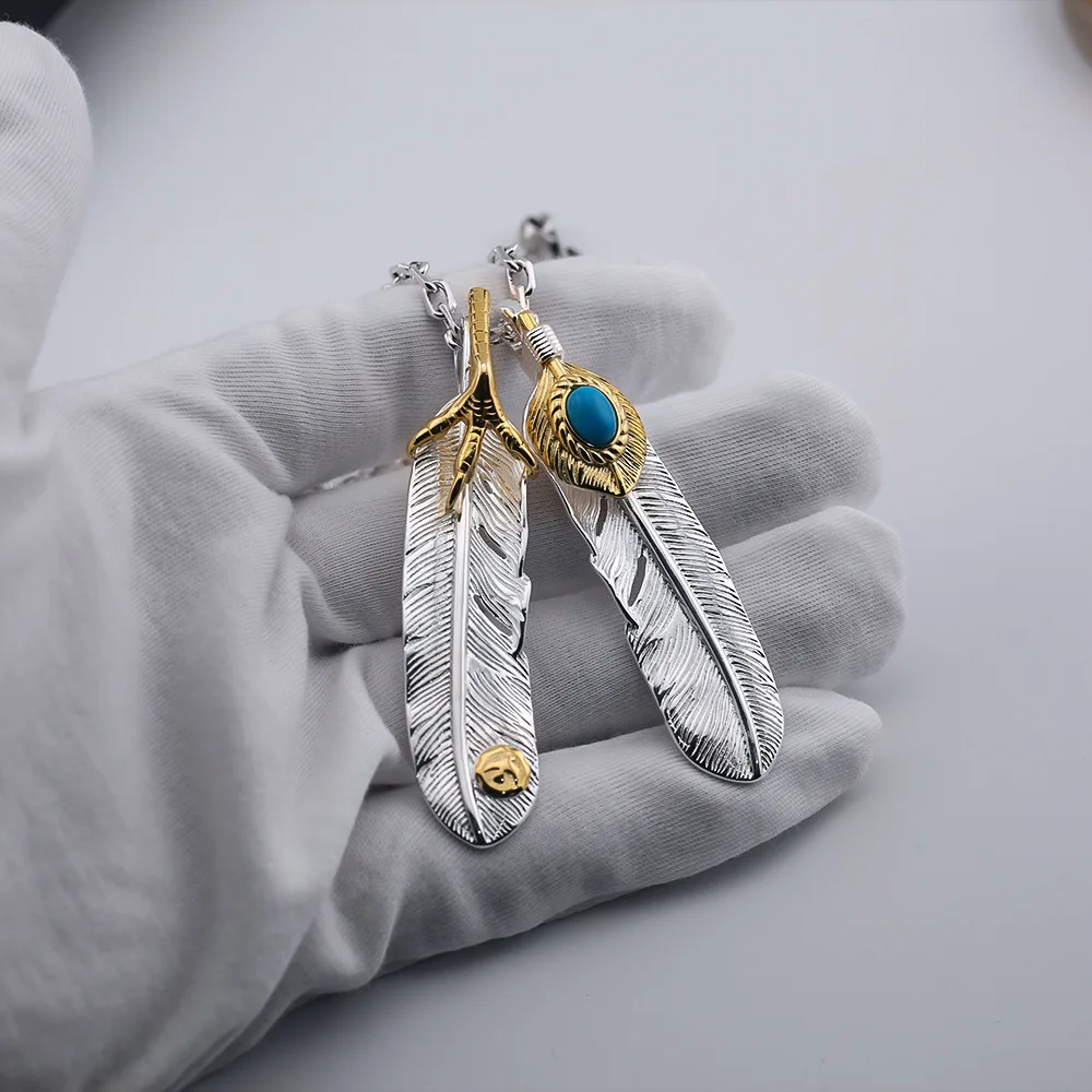 Eagle claws inlaid blue pine feather necklace