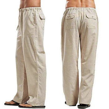Pantalones de lino de Color liso para hombre, pantalón informal de varios bolsillos, holgado, recto, de talla grande, con cordón, transpirable, ancho 3