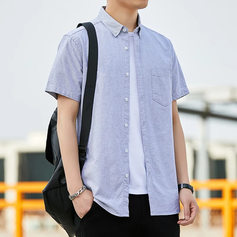 Half Sleeve Shirt Men Slim Cotton Pure Color Stripe Shirts Casual Short Sleeve Shirts for Men Single Pocket Men's