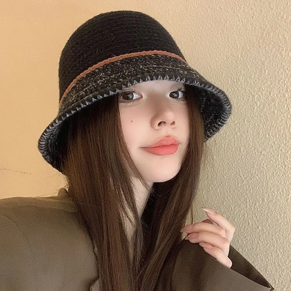 

Contrasting Color Knitted Hat Winter Windproof Ear Protection Thickened Bucket Hats Women Casual Elastic Thermal Fisherman Hat