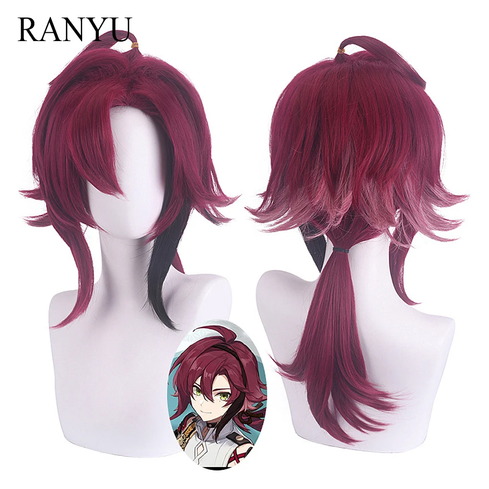 RANYU Genshin Impact Shikanoin Heizou Wigs Synthetic Long Straight Dark Red Game Cosplay Hair Wig for Party ranyu genshin impact klee wig synthetic straight short blonde game cosplay hair heat resistant wig for party