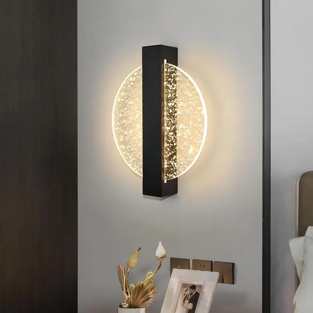 Lampada da parete moderna a LED con foglia argentata, rotonda nera, acrilica, luce calda 3500K, per soggiorno camera da letto 2